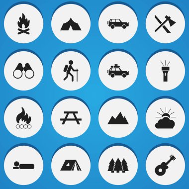 16 düzenlenebilir kamp simgeler kümesi. Sırt yatağı, alan gözlük, yolculuk araba ve daha fazlası gibi simgeler içerir. Web, mobil, UI ve Infographic tasarımı için kullanılabilir.