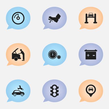 9 düzenlenebilir araç simgeler kümesi. Hız ekran, trafik ışığı, hız ve daha fazlası gibi simgeler içerir. Web, mobil, UI ve Infographic tasarımı için kullanılabilir.