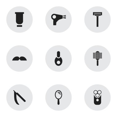 9 düzenlenebilir Kuaför simgeler kümesi. Kesici alet, şişe, şarj cihazı ve daha fazlası gibi simgeler içerir. Web, mobil, UI ve Infographic tasarımı için kullanılabilir.