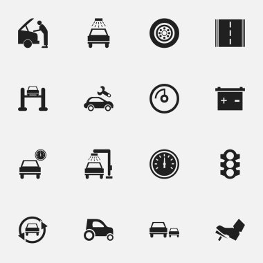 16 düzenlenebilir taşıma simgeler kümesi. Trafik ışığı, lastik, yarış ve daha fazlası gibi simgeler içerir. Web, mobil, UI ve Infographic tasarımı için kullanılabilir.