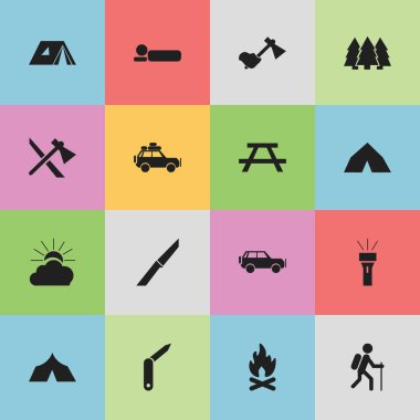 16 düzenlenebilir gezi simgeler kümesi. Fener, bıçak, Tomahawk ve daha fazlası gibi simgeler içerir. Web, mobil, UI ve Infographic tasarımı için kullanılabilir.