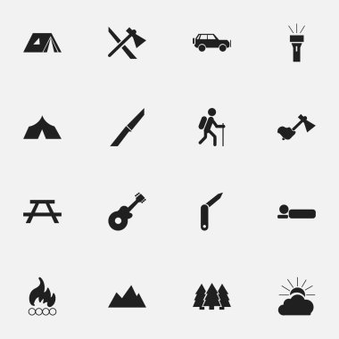 16 düzenlenebilir gezi simgeler kümesi. Resepsiyon, sığınak, çam ve daha fazlası gibi simgeler içerir. Web, mobil, UI ve Infographic tasarımı için kullanılabilir.