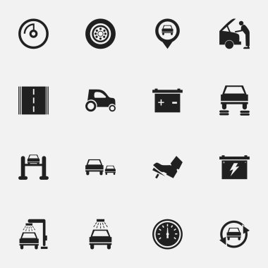 16 düzenlenebilir araç simgeler kümesi. Araç Araba, oto tamir, pedalla ve daha fazlası gibi simgeler içerir. Web, mobil, UI ve Infographic tasarımı için kullanılabilir.