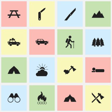 16 düzenlenebilir gezi simgeler kümesi. Yürüyüş, tepe, spor araç ve daha fazlası gibi simgeler içerir. Web, mobil, UI ve Infographic tasarımı için kullanılabilir.