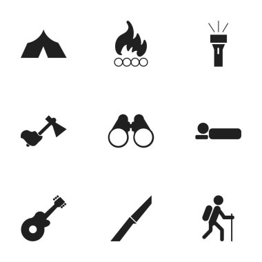 9 düzenlenebilir seyahat simgeler kümesi. Bıçak, Blaze, sırt yatağı ve daha fazlası gibi simgeler içerir. Web, mobil, UI ve Infographic tasarımı için kullanılabilir.