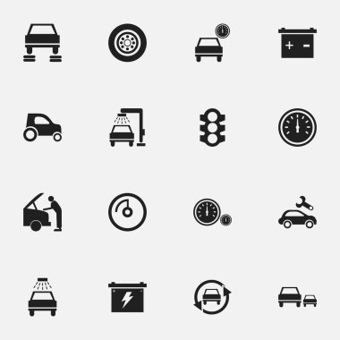 16 düzenlenebilir araba simgeler kümesi. Araç Araba, araç yıkama, hız ekran ve daha fazlası gibi simgeler içerir. Web, mobil, UI ve Infographic tasarımı için kullanılabilir.