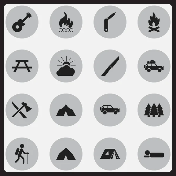 Conjunto de 16 iconos de camping editables. Incluye símbolos como la marcha, el fuego, el cuchillo y más. Puede ser utilizado para el diseño de la tela, móvil, interfaz de usuario e infografía . — Archivo Imágenes Vectoriales