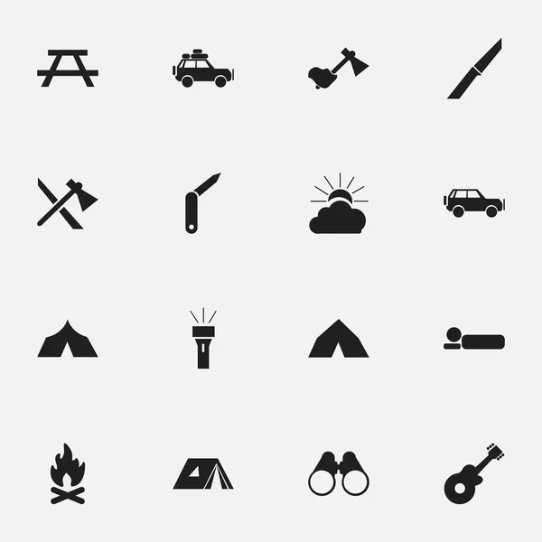 Zestaw 16 ikon można edytować podróży. Zawiera symbole, takie jak Tomahawk, podróż samochodem, nóż i więcej. Mogą być używane dla sieci Web, mobilnych, interfejsu użytkownika i Infographic Design. — Wektor stockowy