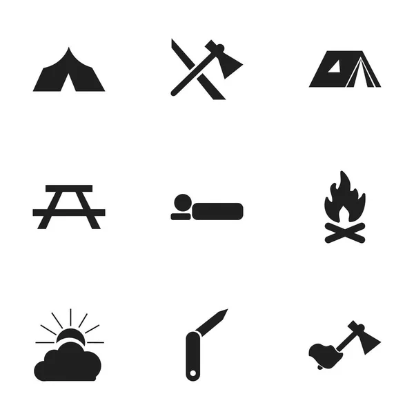 Set de 9 iconos de viaje editables. Incluye símbolos como refugio, refugio, fiebre y más. Puede ser utilizado para el diseño de la tela, móvil, interfaz de usuario e infografía . — Archivo Imágenes Vectoriales