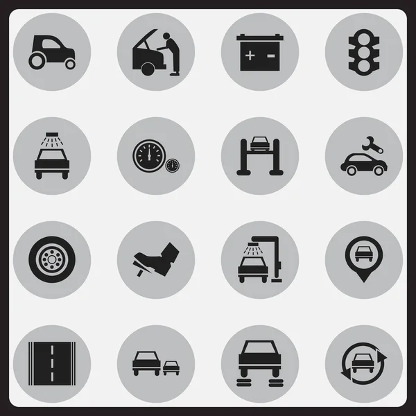 Satz von 16 editierbaren Verkehrssymbolen. beinhaltet Symbole wie Ampel, Waschanlage, Tuning Auto und vieles mehr. kann für Web-, Mobil-, UI- und Infografik-Design verwendet werden. — Stockvektor