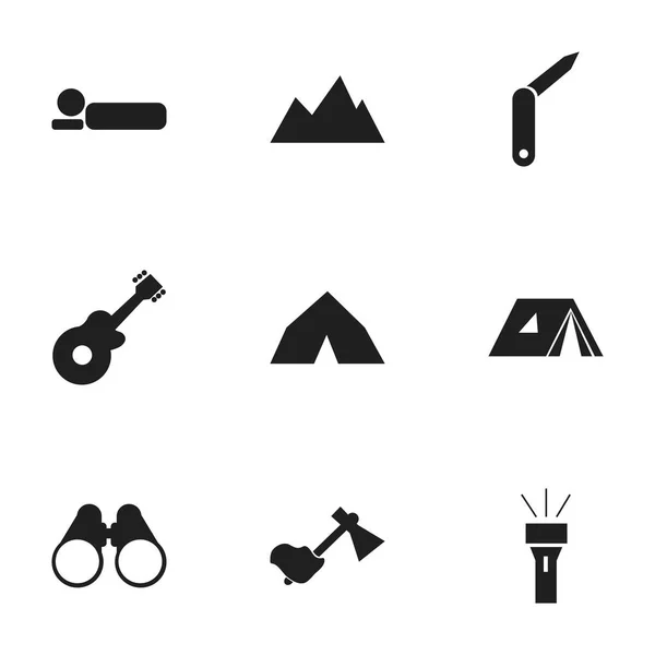 Zestaw 9 ikon można edytować podróży. Zawiera symbole, takie jak Ax, zapięcie nóż, szczyt i więcej. Mogą być używane dla sieci Web, mobilnych, interfejsu użytkownika i Infographic Design. — Wektor stockowy