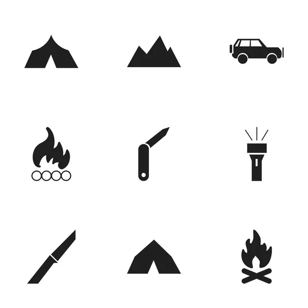 Set Of 9 Editable Trip Icons. Includes Symbols Such As Blaze, Fever, Tepee And More. Can Be Used For Web, Mobile, UI And Infographic Design. — Stock Vector