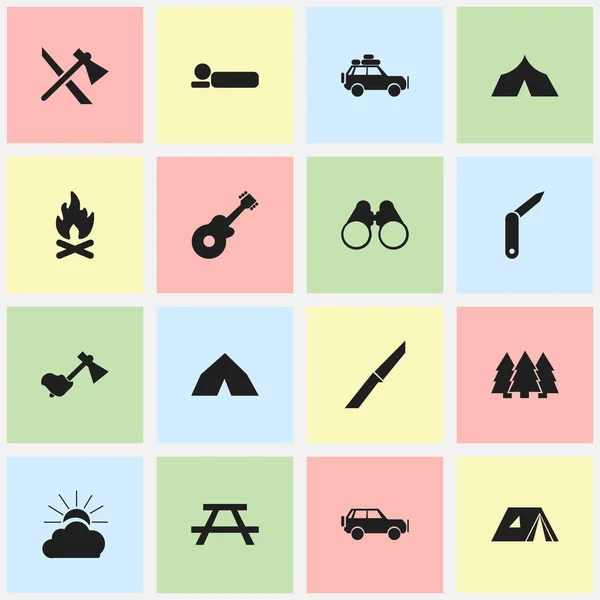 Set von 16 editierbaren Campingsymbolen. beinhaltet Symbole wie Tipi, Klammermesser, Beton und mehr. kann für Web-, Mobil-, UI- und Infografik-Design verwendet werden. — Stockvektor