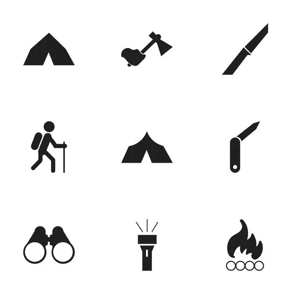 Conjunto de 9 Ícones de acampamento editáveis. Inclui símbolos como Ax, marcha, lanterna e muito mais. Pode ser usado para Web, Mobile, UI e design infográfico . — Vetor de Stock