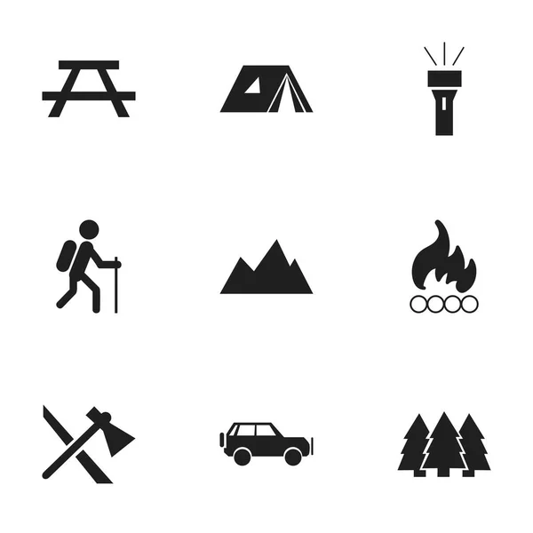 Conjunto de 9 ícones de viagem editáveis. Inclui símbolos como Tomahawk, Lanterna, Abrigo e muito mais. Pode ser usado para Web, Mobile, UI e design infográfico . — Vetor de Stock