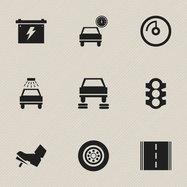 Set Of 9 Editable Car Icons. Includes Symbols Such As Stoplight, Treadle, Auto Repair And More. Can Be Used For Web, Mobile, UI And Infographic Design. — Stock Vector