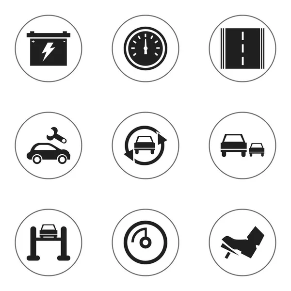 Set von 9 editierbaren Auto-Symbolen. beinhaltet Symbole wie Rasse, Tuning-Auto, Batterie und mehr. kann für Web-, Mobil-, UI- und Infografik-Design verwendet werden. — Stockvektor