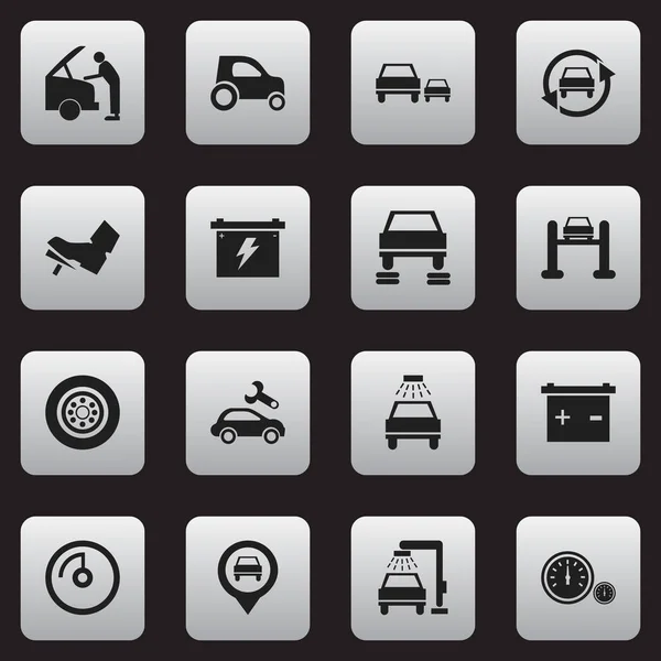 Satz von 16 editierbaren Auto-Symbolen. enthält Symbole wie Reifen, Rasse, Profil und mehr. kann für Web-, Mobil-, UI- und Infografik-Design verwendet werden. — Stockvektor