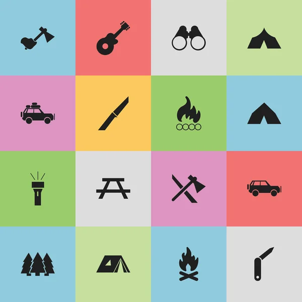 Conjunto de 16 iconos de viaje editables. Incluye símbolos como el coche de viaje, Blaze, gafas de campo y más. Puede ser utilizado para el diseño de la tela, móvil, interfaz de usuario e infografía . — Archivo Imágenes Vectoriales