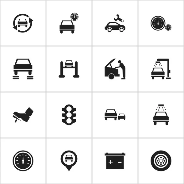 Satz von 16 editierbaren Verkehrssymbolen. beinhaltet Symbole wie Geschwindigkeitskontrolle, Tuning-Auto, Auto-Sklave und vieles mehr. kann für Web-, Mobil-, UI- und Infografik-Design verwendet werden. — Stockvektor