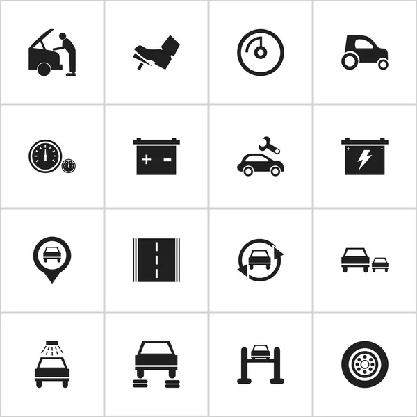 Satz von 16 editierbaren Auto-Symbolen. beinhaltet Symbole wie Batterie, Autoreparatur, Reifen und mehr. kann für Web-, Mobil-, UI- und Infografik-Design verwendet werden. — Stockvektor