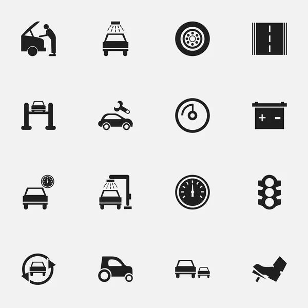 Набор из 16 настольных транспортных иконок. Includes Symbols such as Stoplight, Tire, Race and More. Can be used for Web, Mobile, UI and Infographic Design . — стоковый вектор