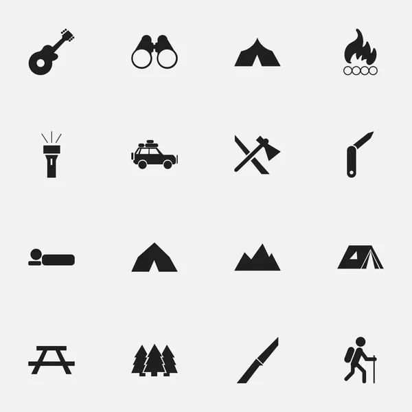 Set di 16 icone da campeggio modificabili. Include simboli come coltello, macchina di viaggio, chiusura-coltello e altro ancora. Può essere utilizzato per la progettazione web, mobile, UI e infografica . — Vettoriale Stock