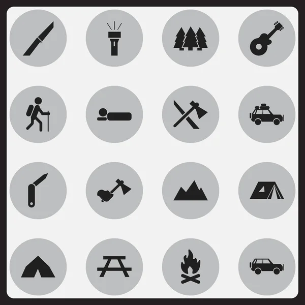 Conjunto de 16 iconos de camping editables. Incluye símbolos como Ax, Linterna, Tomahawk y más. Puede ser utilizado para el diseño de la tela, móvil, interfaz de usuario e infografía . — Vector de stock