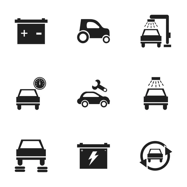 Conjunto de 9 iconos de tráfico editables. Incluye símbolos como lavado de vehículos, Tuning Auto, Car Lave y más. Puede ser utilizado para el diseño de la tela, móvil, interfaz de usuario e infografía . — Vector de stock