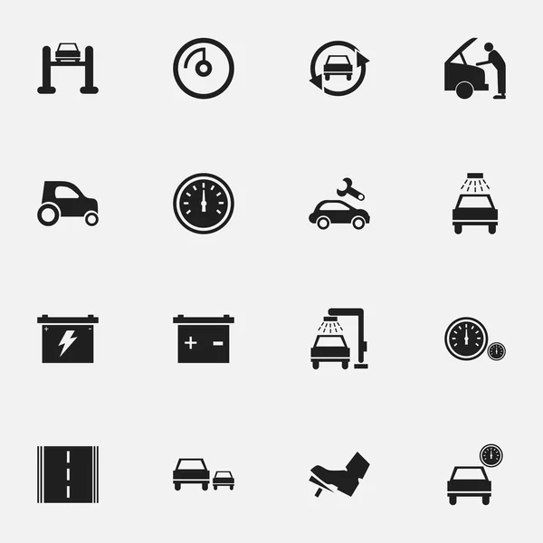 Conjunto de 16 iconos de transporte editables. Incluye símbolos como la autopista, control de velocidad, lavado de vehículos y más. Puede ser utilizado para el diseño de la tela, móvil, interfaz de usuario e infografía . — Vector de stock