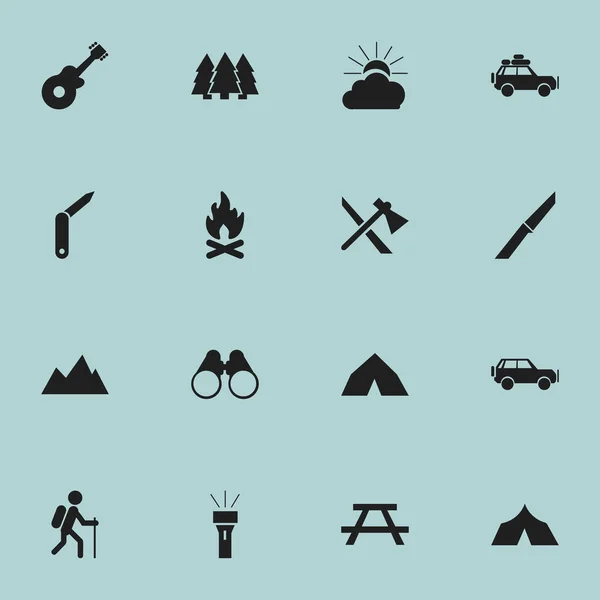 Conjunto de 16 ícones de viagem editáveis. Inclui símbolos como pinheiro, marcha, instrumento musical e muito mais. Pode ser usado para Web, Mobile, UI e design infográfico . — Vetor de Stock