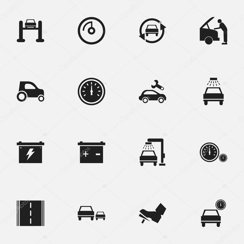 Set Of 16 Editable Transport Icons. Includes Symbols Such As Highway, Speed Control, Vehicle Wash And More. Can Be Used For Web, Mobile, UI And Infographic Design.