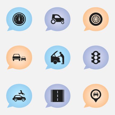 9 düzenlenebilir araç simgeler kümesi. Araç Araba, Otoban, otomotiv saptamak ve daha fazlası gibi simgeler içerir. Web, mobil, UI ve Infographic tasarımı için kullanılabilir.