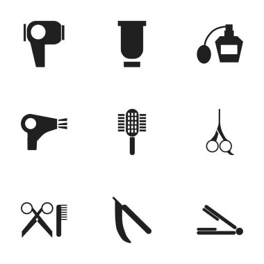 9 düzenlenebilir Tonsorial sanatçı simgeler kümesi. Kuaför araçları, koku, konteyner ve daha fazlası gibi simgeler içerir. Web, mobil, UI ve Infographic tasarımı için kullanılabilir.