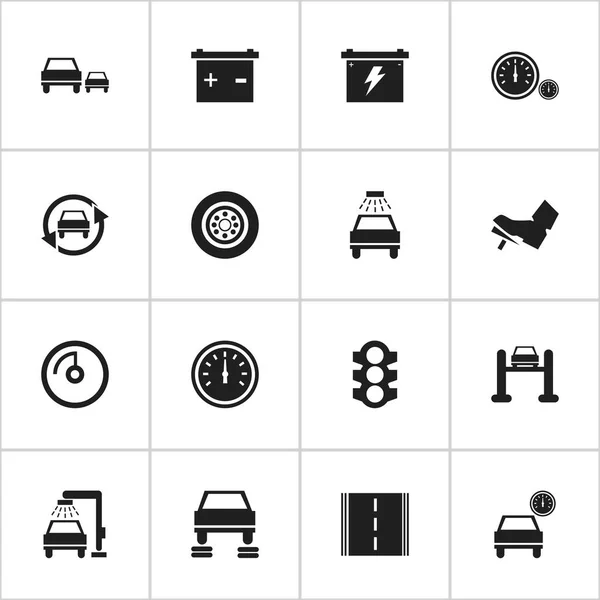 Satz von 16 editierbaren Fahrzeug-Symbolen. enthält Symbole wie Autobahn, Autoreparatur, Batterie und vieles mehr. kann für Web-, Mobil-, UI- und Infografik-Design verwendet werden. — Stockvektor