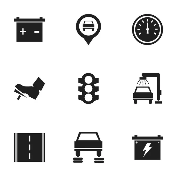 Set van 9 bewerkbare voertuig iconen. Bevat symbolen zoals Accumulator, pedaal, toerentalregeling en meer. Kan worden gebruikt voor Web, Mobile, Ui en Infographic Design. — Stockvector