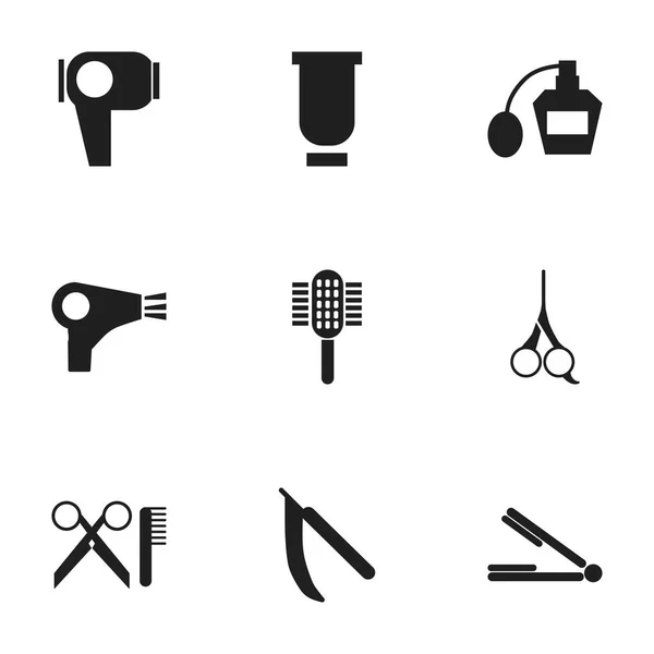 Zestaw 9 ikon można edytować Tonsorial artysty. Zawiera symbole, takie jak narzędzia Barber, zapach, kontener i więcej. Mogą być używane dla sieci Web, mobilnych, interfejsu użytkownika i Infographic Design. — Wektor stockowy