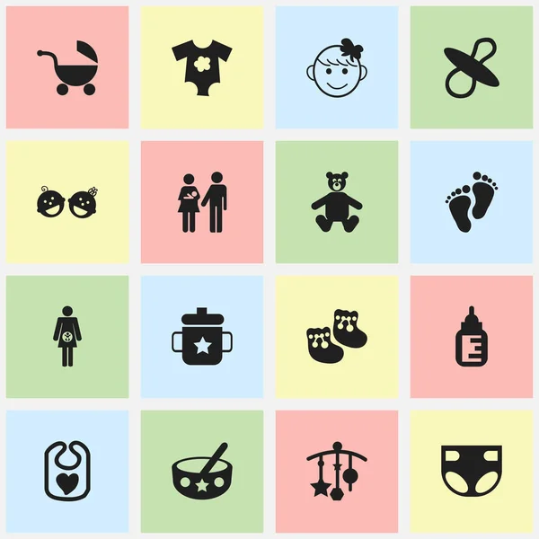 Set von 16 editierbaren Kindersymbolen. beinhaltet Symbole wie Abstammung, fröhliches Kind, Kinderwagen und vieles mehr. kann für Web-, Mobil-, UI- und Infografik-Design verwendet werden. — Stockvektor
