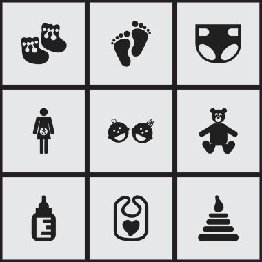 9 düzenlenebilir çocuk simgeler kümesi. Ayakkabı gibi simgeler bebekler, önlük, Footmark ve daha fazlası için içerir. Web, mobil, UI ve Infographic tasarımı için kullanılabilir.