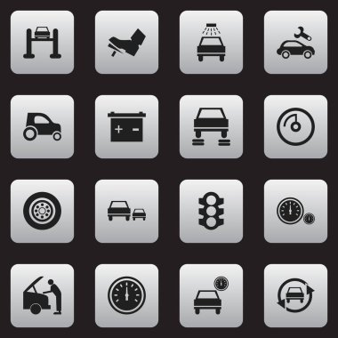 16 düzenlenebilir araba simgeler kümesi. Araba yıkanmak akü, Oto, daha fazla ayarlama gibi simgeleri içerir. Web, mobil, UI ve Infographic tasarımı için kullanılabilir.