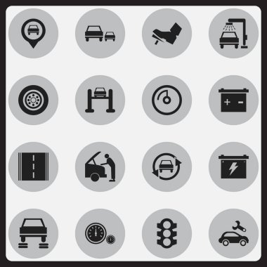 16 düzenlenebilir araba simgeler kümesi. Oto Servisi, yarış, araba tamir ve daha fazlası gibi simgeler içerir. Web, mobil, UI ve Infographic tasarımı için kullanılabilir.