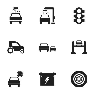 9 düzenlenebilir araç simgeler kümesi. Araba yıkanmak gibi trafik ışığı, araç yıkama ve diğer simgeler içerir. Web, mobil, UI ve Infographic tasarımı için kullanılabilir.