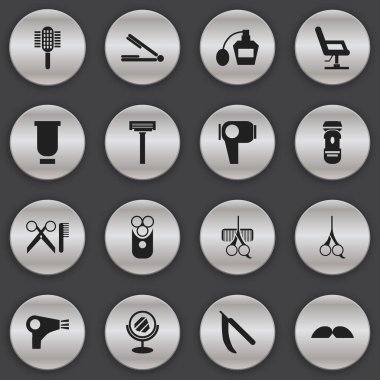 16 düzenlenebilir Kuaför simgeler kümesi. Dirsek sandalye, Blade, şarj cihazı ve daha fazlası gibi simgeler içerir. Web, mobil, UI ve Infographic tasarımı için kullanılabilir.