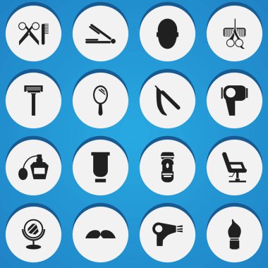 16 düzenlenebilir Tonsorial sanatçı simgeler kümesi. Beyin, reflektör, saç gibi simgeler içerir kurutucu ve daha fazlası. Web, mobil, UI ve Infographic tasarımı için kullanılabilir.