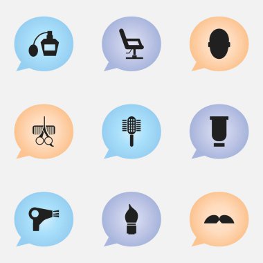 9 düzenlenebilir Kuaför simgeler kümesi. Konteyner, dirsek sandalye, koku ve daha fazlası gibi simgeler içerir. Web, mobil, UI ve Infographic tasarımı için kullanılabilir.