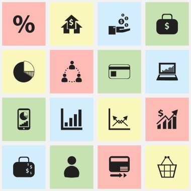 16 düzenlenebilir mantıksal simgeler kümesi. House, telefon istatistik ve para çantası bankacılık gibi simgeleri içerir. Web, mobil, UI ve Infographic tasarımı için kullanılabilir.