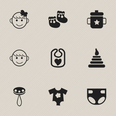 9 düzenlenebilir çocuk simgeler kümesi. Çıngırak, önlük, Goplet ve daha fazlası gibi simgeler içerir. Web, mobil, UI ve Infographic tasarımı için kullanılabilir.