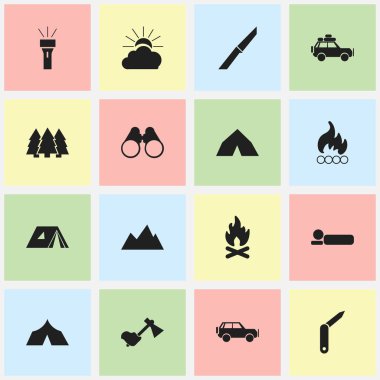 16 düzenlenebilir gezi simgeler kümesi. Ateş, bıçak, barınak ve daha fazlası gibi simgeler içerir. Web, mobil, UI ve Infographic tasarımı için kullanılabilir.