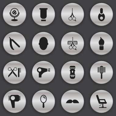 16 düzenlenebilir berber simgeler kümesi. Bodur, dirsek sandalye, şarj cihazı ve daha fazlası gibi simgeler içerir. Web, mobil, UI ve Infographic tasarımı için kullanılabilir.