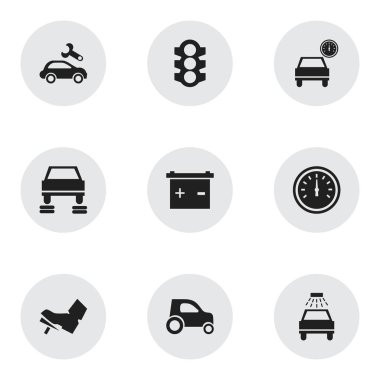 9 düzenlenebilir araba simgeler kümesi. Otomobil, hız kontrolü, trafik ışığı ve daha fazlası gibi simgeler içerir. Web, mobil, UI ve Infographic tasarımı için kullanılabilir.